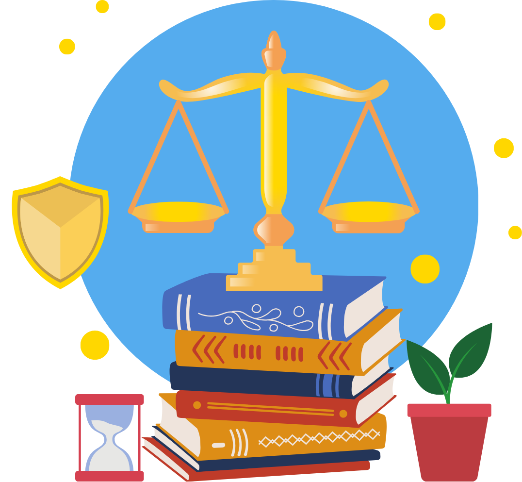 A stack of books with a golden balance on top
