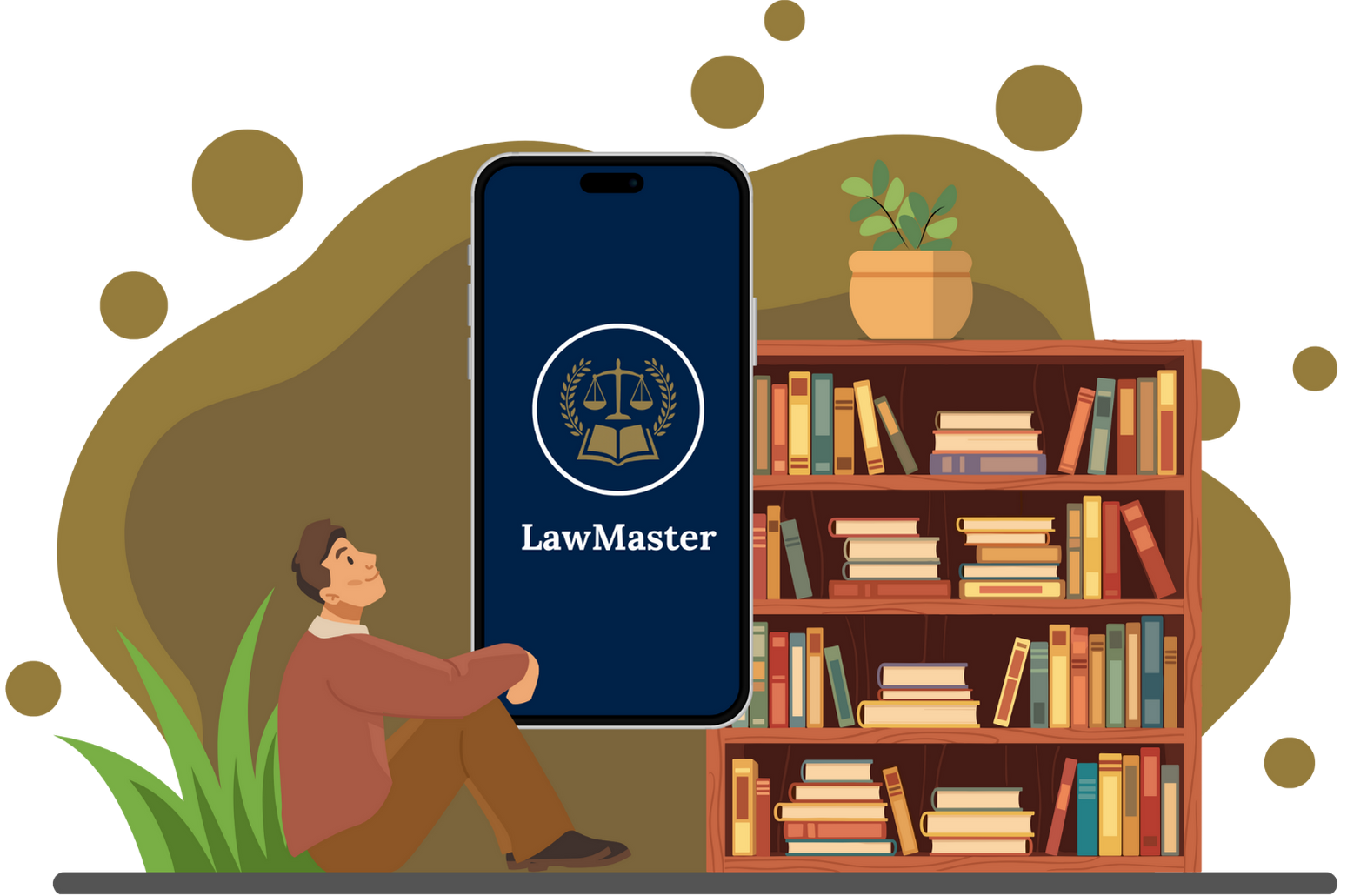 Bookshelf and a person studying with LawMaster.